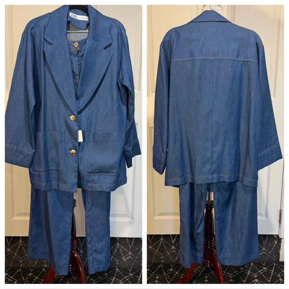 NWT! ZARA DENIM EFFECT OVERSIZED BLAZER and WIDE LEG PANTS INDIGO